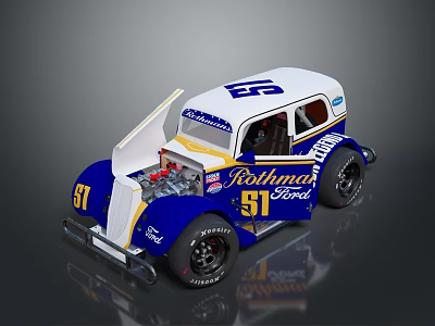Blue And White Rothmans 51 Vintage Race Car With Open Hood And Exposed Engine 3d model