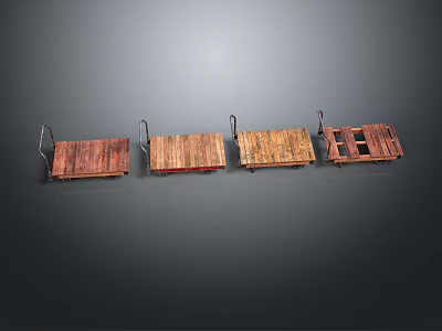 Four Vintage Wooden Pallets With Metal Hooks Arranged In A Row On Dark Background 3d model