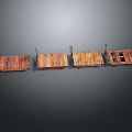 Four Vintage Wooden Pallets With Metal Hooks Arranged In A Row On Dark Background