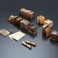 Vintage Books Collection Featuring Open Pages Scrolls And Stacked Leather Bound Volumes