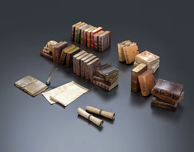 Vintage Books Collection Featuring Open Pages Scrolls And Stacked Leather Bound Volumes 3d model