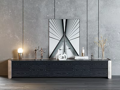 Modern Wooden TV Stand With Table Lamp Figurines Vase And Abstract Wall Art 3d model