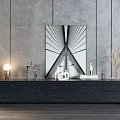Modern Wooden TV Stand With Table Lamp Figurines Vase And Abstract Wall Art
