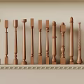 Various Wooden Decorative Balusters with Different Designs Arranged On Shelf 3d model
