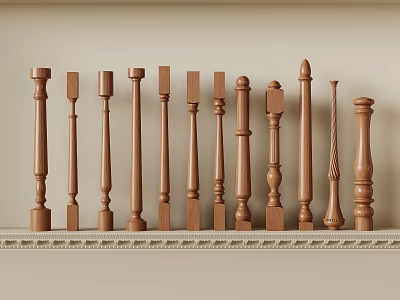 Various Wooden Decorative Balusters with Different Designs Arranged On Shelf 3d model