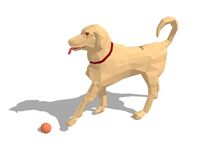 Low Poly Style Dog with Red Collar Playing Near Orange Ball and Shadow 3d model