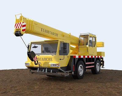 Yellow XTAOCHE Heavy Duty Crane Truck With Warning Stripes On Construction Site 3d model