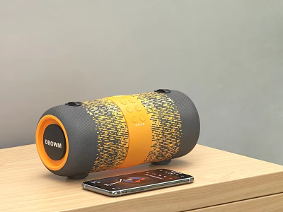MOVIN Bluetooth Speaker Orange Grey Woven Cylindrical Design With Smartphone On Wooden Table 3d model