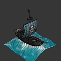 Pirate Ship With Blue Sail Skull and Crossbones Flag Wooden Hull on Waves