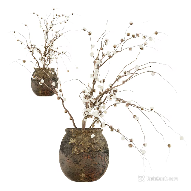 Ceramic Vases For Home Decor Featuring Rustic Branches With White Brown Beads 3d model