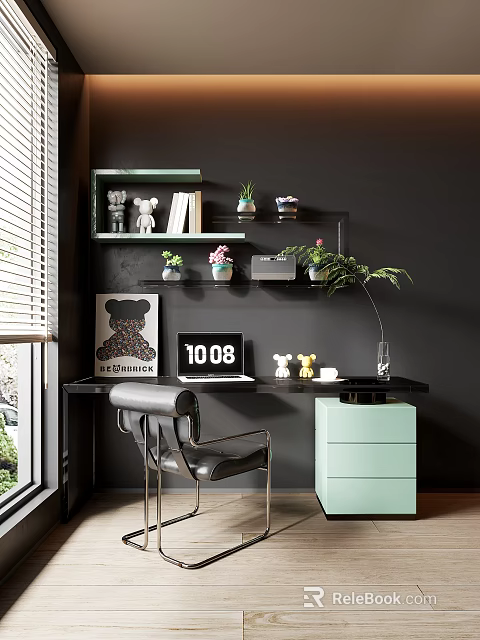 Stylish Desk Interior With Floating Shelf Plants Laptop Leather Chair Mint Cabinet 3d model 