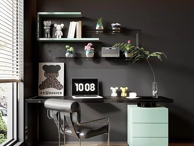 Stylish Desk Interior With Floating Shelf Plants Laptop Leather Chair Mint Cabinet 3d model