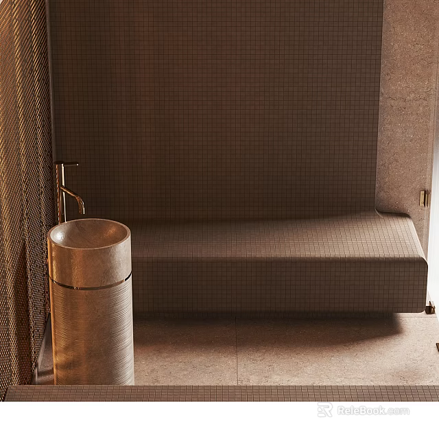 Modern Bathroom With Metal Washbasin Golden Faucet And Brown Grid Wall 3d model 