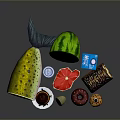 Assorted Fresh Food Selection Featuring Watermelon Grapefruit Milk Soda Pop Donuts And Cupcakes