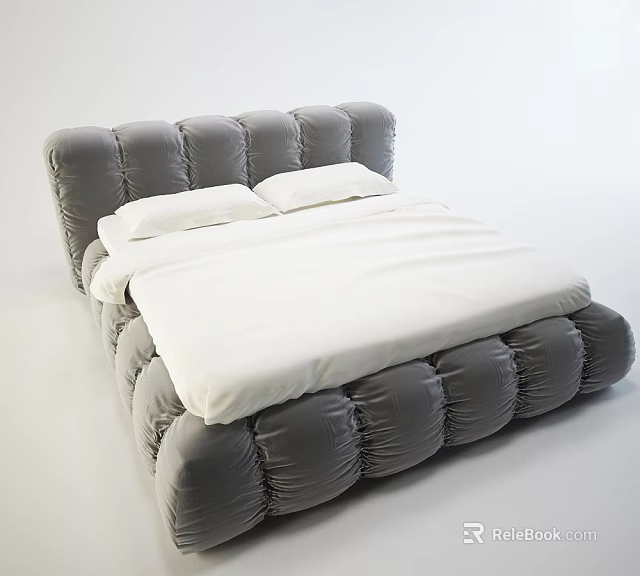 Gray Padded Double Bed with Tufted Headboard and White Bedsheets with Pillows 3d model
