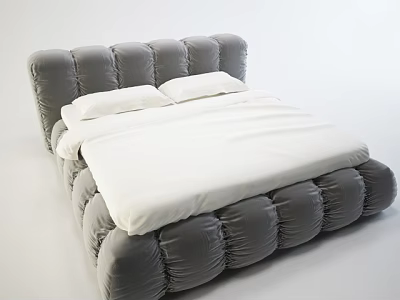 Gray Padded Double Bed with Tufted Headboard and White Bedsheets with Pillows 3d model