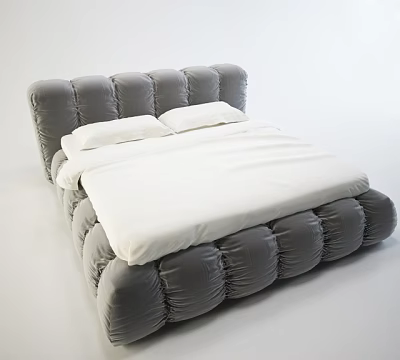 Gray Padded Double Bed with Tufted Headboard and White Bedsheets with Pillows 3d model