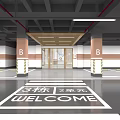 Spacious Bright Indoor Parking Garage With White Arrows Red Pipes And Columns