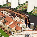 Vibrant Commercial Street With Plaza Buildings Pedestrian Area And Lush Greenery