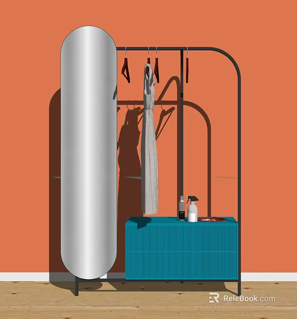 Modern Clothes Hanger Design With Hanging Clothes Blue Cabinet And Orange Background 3d model 