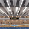 Modern Basketball Gym Interior With Hoops Wooden Floor Teamwork And Scoreboard