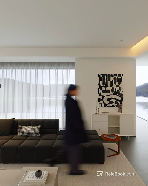 Woman in modern living room with gray sofa mountain view window and black abstract painting 3d model 