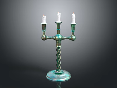 Decorative Three Candle Holder Lamp With Spiral Metallic Base And Greenish Copper Finish 3d model