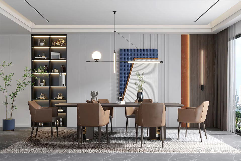 Modern Restaurant Interior With Long Dining Table Brown Chairs Blue Orange Decorative Panels Pendant Lights 3d model 