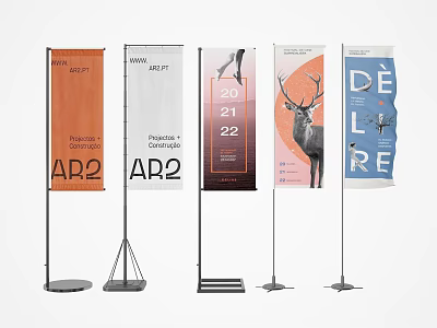 Various Designed Flags On Standing Stands With Patterns And Text Graphics 3d model