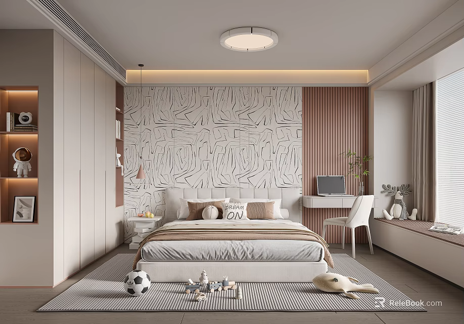 Modern Elegant Bedroom With Geometric Wallpaper White Wardrobe Bed Desk Lamp Stuffed Toy Soccer Ball 3d model 