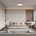 Modern Elegant Bedroom With Geometric Wallpaper White Wardrobe Bed Desk Lamp Stuffed Toy Soccer Ball