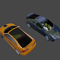 Orange Modified Sports Car Featuring Black Stripes And Dark Colored Vehicle Behind