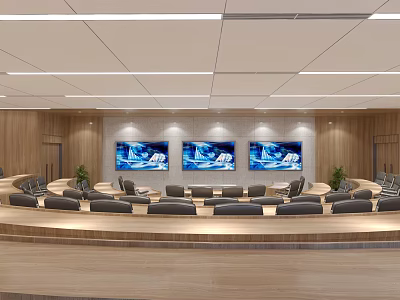 Modern Conference Room Interior Design With Three Screens Curved Seating Wooden Walls And Lighting 3d model