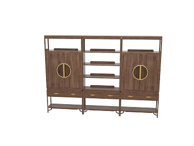 Traditional Wooden Curio Shelf With Circular Motifs And Drawer Storage Layer Design 3d model