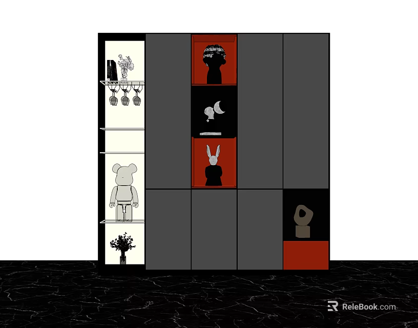 Modern Decorative Cabinet With Multiple Compartments Gray Red Panels And Decorative Sculptures 3d model