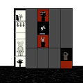 Modern Decorative Cabinet With Multiple Compartments Gray Red Panels And Decorative Sculptures 3d model