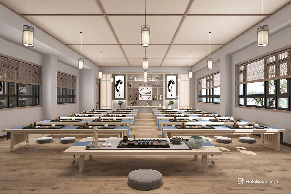 Traditional School Classroom Interior With Long Tables Round Cushions Hanging Lanterns And Wall Paintings 3d model 
