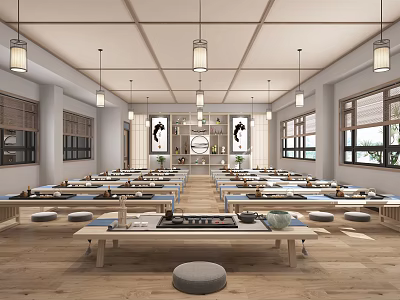 Traditional School Classroom Interior With Long Tables Round Cushions Hanging Lanterns And Wall Paintings 3d model