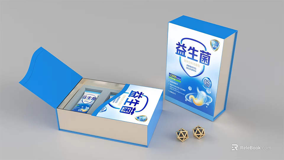 Elegant Decorative Ornament Set With Blue Probiotic Packaging Open Box And Golden Small Ornaments 3d model 