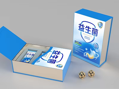 Elegant Decorative Ornament Set With Blue Probiotic Packaging Open Box And Golden Small Ornaments 3d model