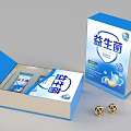 Elegant Decorative Ornament Set With Blue Probiotic Packaging Open Box And Golden Small Ornaments