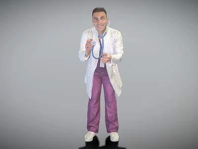 Man in White Doctor Coat Holding Stethoscope with Purple Pants and White Shoes 3d model