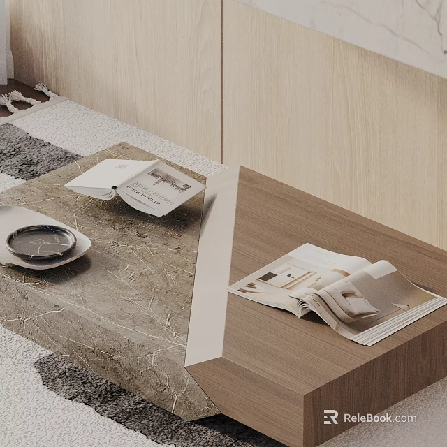 Modern Sofa Coffee Table Set with Marble Top Open Magazine and Dish 3d model 
