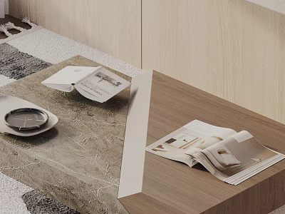 Modern Sofa Coffee Table Set with Marble Top Open Magazine and Dish 3d model