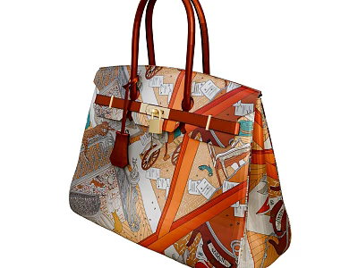 Stylish Colorful Printed Handbag With Brown Handles And Gold Buckle Design 3d model
