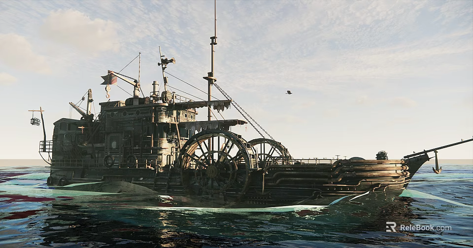 Vintage Paddle Wheel Ship On Water With Large Wheels Flags Cloudy Sky And Flying Bird 3d model 