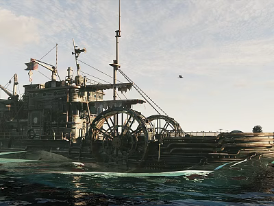 Vintage Paddle Wheel Ship On Water With Large Wheels Flags Cloudy Sky And Flying Bird 3d model