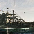 Vintage Paddle Wheel Ship On Water With Large Wheels Flags Cloudy Sky And Flying Bird