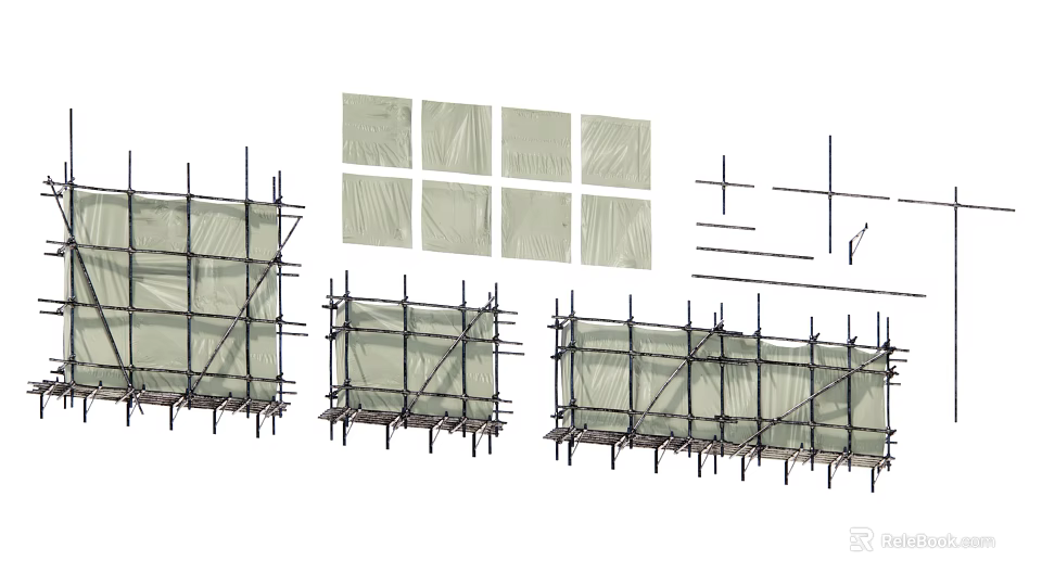 Construction Scaffolding Setup With Panel Materials And Building Plans 3d model 