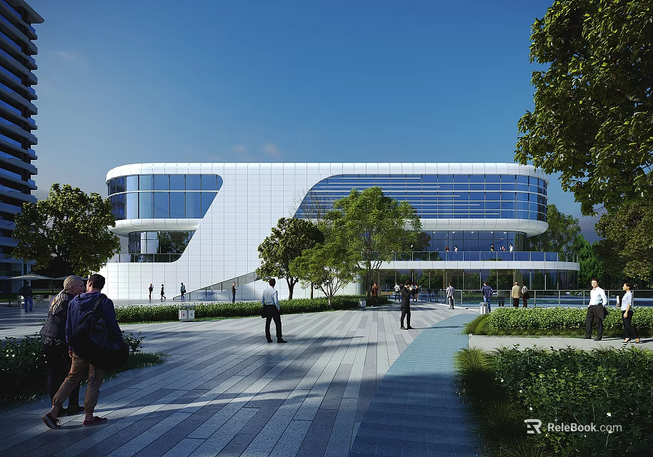 Modern Sales Office Building With Glass Curtain Walls Surrounding Trees And People Walking In Plaza 3d model 